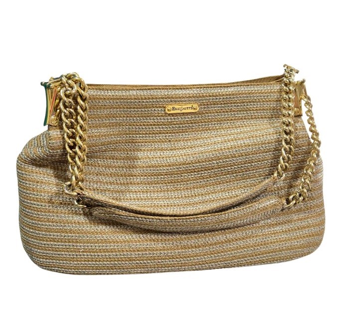 Eric Javits Squishee Woven Shoulder Bag – Metallic Beige with Gold Chain Strap