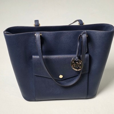 Michael Kors Jet Set Medium Snap Pocket Lg Tote Bag Navy Blue Saffiano Leather