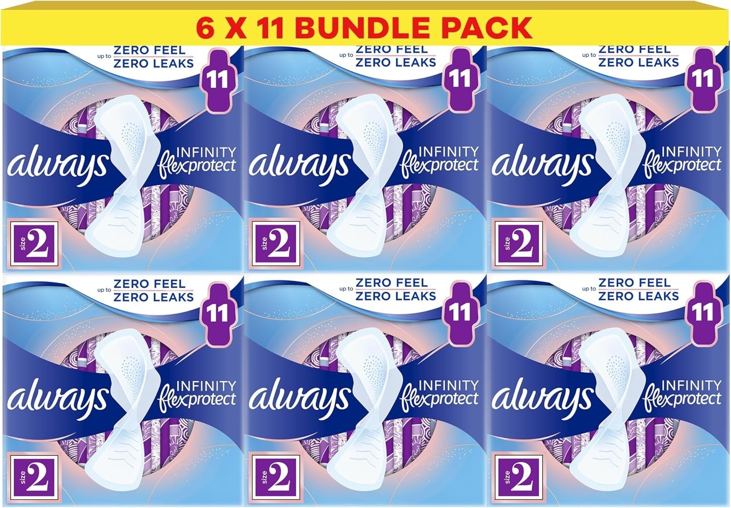 Always Infinity FlexProtect Sanitary Towels, Size 2 Long, 6 Packs of 11 Count