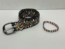 VTG-"FLOWER POWER"WOMAN SIZE 36" BLACK/PASTEL MULTICOLOR SEED BEAD BELT/BRACELET