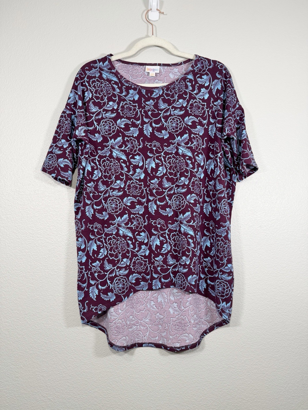 LuLaRoe Irma Shirt Tunic Purple Blue Floral Short Sleeve Top Oversize Women XXS