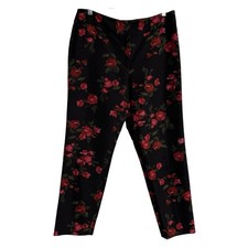 Talbots Heritage Fit Ankle Pants Black w/Red Pink Floral Roses Silk Blend Sz 8P