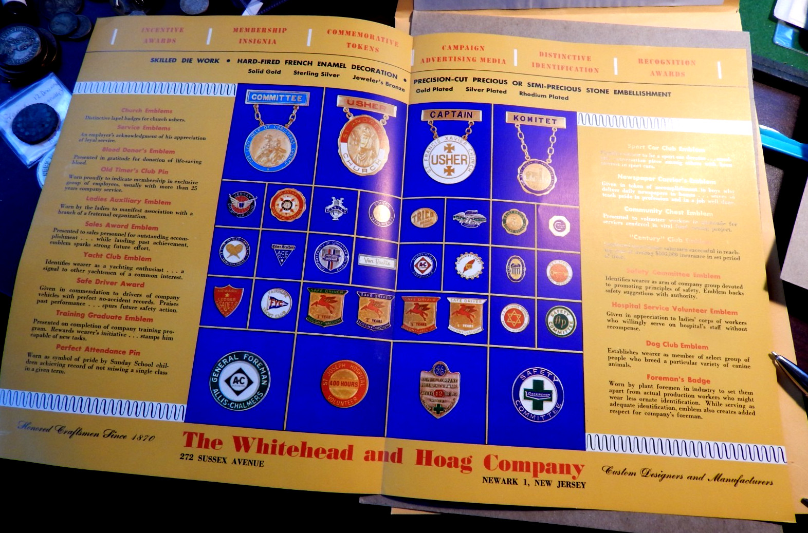 VERY RARE WHITEHEAD & HOAG EMBLEM CATALOG,SYMBOL OF ACHIEVEMENT,BADGE OF RESPECT