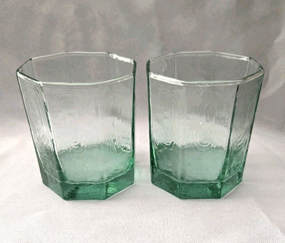 SET OF 2 VTG LIBBEY GLASS FACETS GREEN OLD FASHIONED GLASSES 3 1/2''