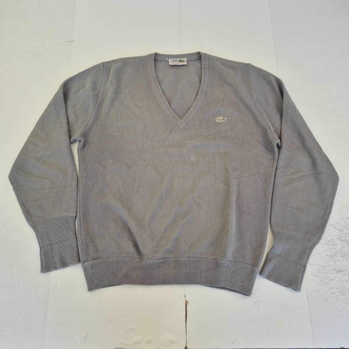 Lacoste Jumper Medium Grey Mens Knit Long Sleeve Pullover V-Neck Logo Vintage
