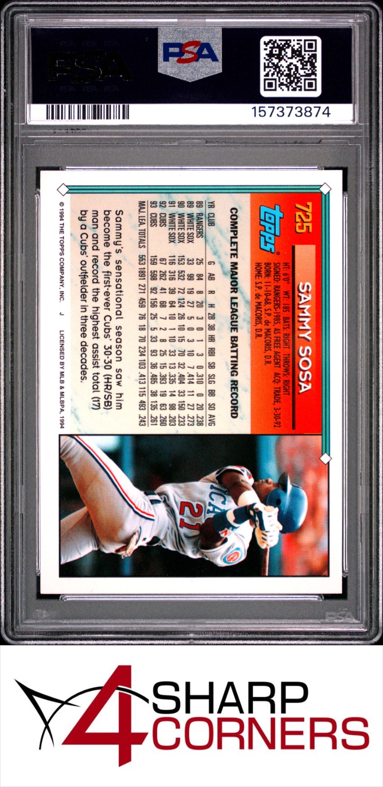 1994 TOPPS #725 SAMMY SOSA CUBS PSA 10 view 2