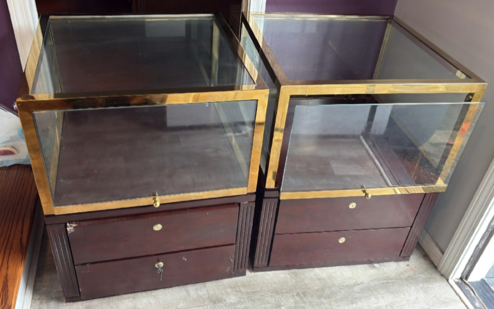 Brooks Brothers Madison Ave  Store Glass, Brass, Wood Display Cabinets - A Pair