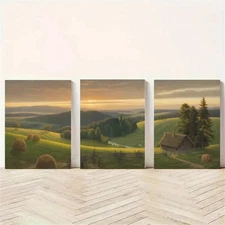 3pcs Cabin, Sunset, River, Pine Trees   Wall Art Canvas Framed 50x70cm