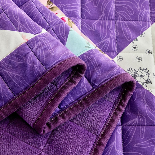3 Pieces Flannel Floral Patchwork Quilt Set Queen, Argyle Plaid Flowers Purple D - Picture 7 of 12