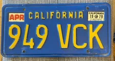 California BLUE 1979 License Plate # 949 VCK