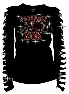 Bling Bling FootBall Mom helmat & Ball RHINESTONE Shirt Ripped Slit Cut Out S~3X
