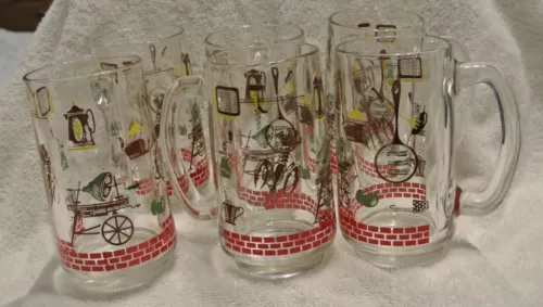 Set of 6 Vintage Mid-Century Hazel Atlas BBQ 1950s Glass Beer Mugs Steins 12 oz