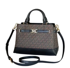 MICHAEL KORS REED SMALL CENTER ZIP BELTED SATCHEL SHOULDER BAG MK BROWN/BLACK