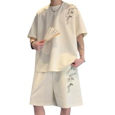 Chinese Men Casual Outfit 2-Piece Set Short Sleeve T Shirt Shorts Sweatsuit Set