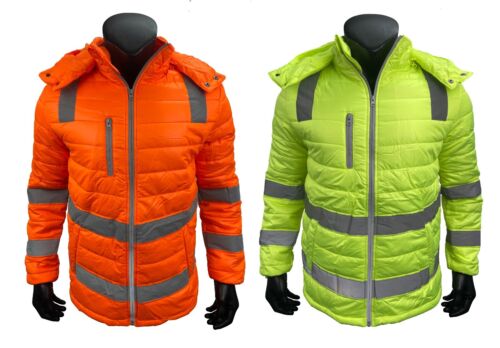 Hi-Vis Reflective Tape Safety Workwear Full Zip Winter Warm Puffer Jacket Coat - Picture 1 of 8