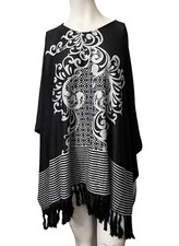 Ladies One Size Black Poncho W Fringe Pullover Ornate Cape Striped Shawl NWT