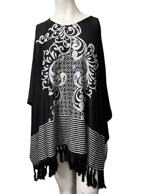 Ladies One Size Black Poncho W Fringe Pullover Ornate Cape Striped Shawl NWT