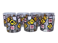 GROOVY VINTAGE MCM GLASS BARWARE SET 7 TRAFFIC ROAD SIGN DRINK WHISKEY TUMBLERS