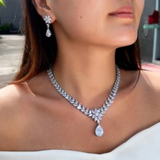 Silver Plated Brides Earrings Necklace Cubic Zirconia Flower Wedding Jewelry Set