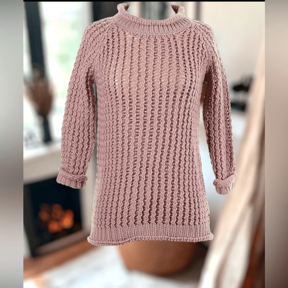 Suéter CALYPSO St. BARTH Grueso Orquídea Tejido Abierto Lana Merino Borde Enrollado Talla S Foto 2 de 4