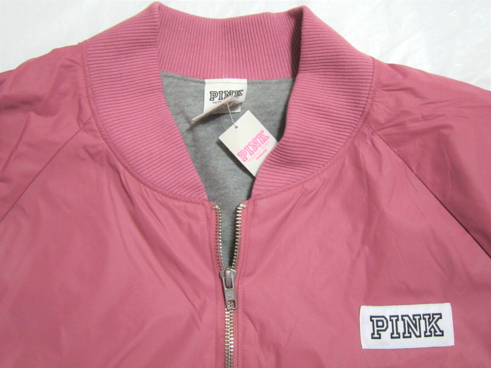 Victoria Secret Pink BEGONIA LINED Logo BOMBER COAT JACKET SWEAT SHIRT L CAMPUS image 3