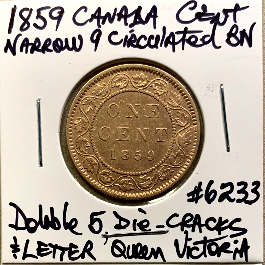 1859 Canada Cent Narrow 9 Double 5 Var. 1 Queen Victoria 10+ Obv