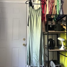 REFORMATION dusty sage mint dot silk ruffle sleeveless slip maxi dress