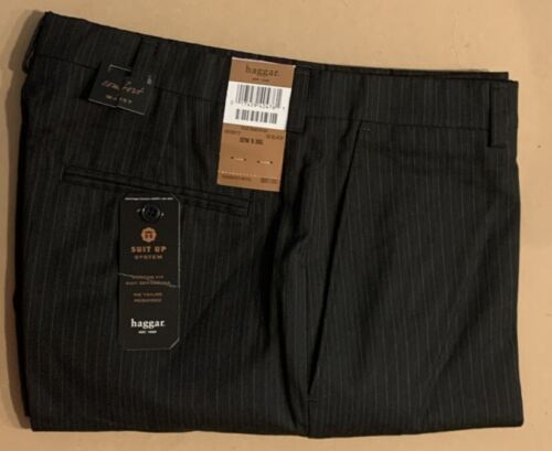 NWT Haggar Dress Pants Mens 32x30 Black Pinstripe Flat Front Suit Up NEW $80