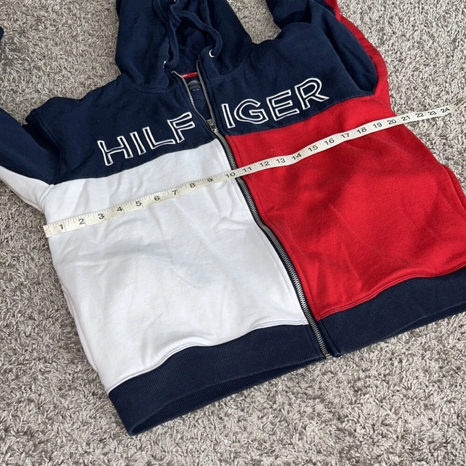 Tommy Hilfiger运动红色白色蓝色全拉链口袋女式小号连帽衫夹克 — 第 4/4 张图片