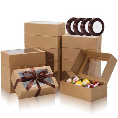 50Pcs Cookie Boxes with Ribbons, 9x6x3 Inch Bakery Boxes with Window, Brown T...