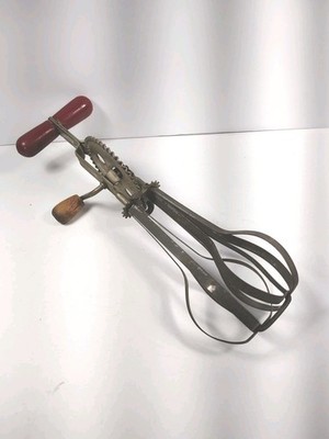 Vintage A&J Egg Beater Hand Mixer Red Painted Wood Handle 