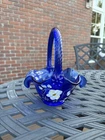 Fenton 7” Hand-Painted Blue Glass Basket Blue Flax Design By J. Watson