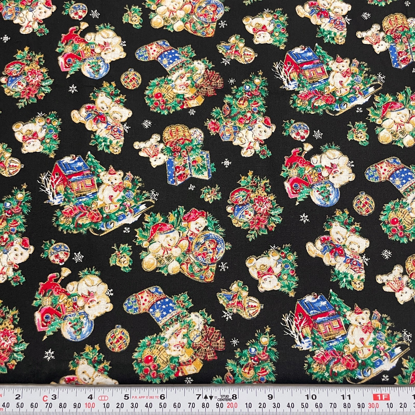 Vintage Metallic Christmas Bears Peter Pan Fabrics Black Cotton by the HALF YARD
