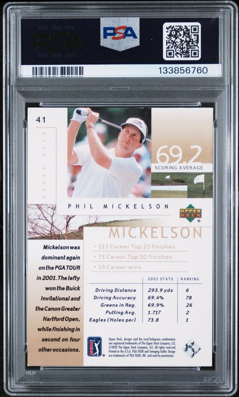 PHIL MICKELSON SIGNED 2002 UPPER DECK GOLF ROOKIE CARD #41 PSA/DNA AUTO 10 view 2