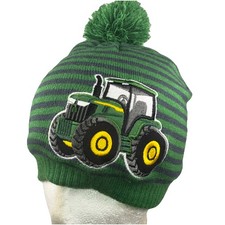 John Deere w Tractor Appliqu Knit Green Blue striped Hat Cap w Pom Toddler