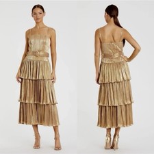 Ieena For Mac Duggal Liquid Gold Tiered Belted Shimmer Dress NWT Size 16