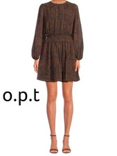 NWT O.P.T Anthropologie Blue Brown Print Smocked Waist Long Sleeve Mini Dress L