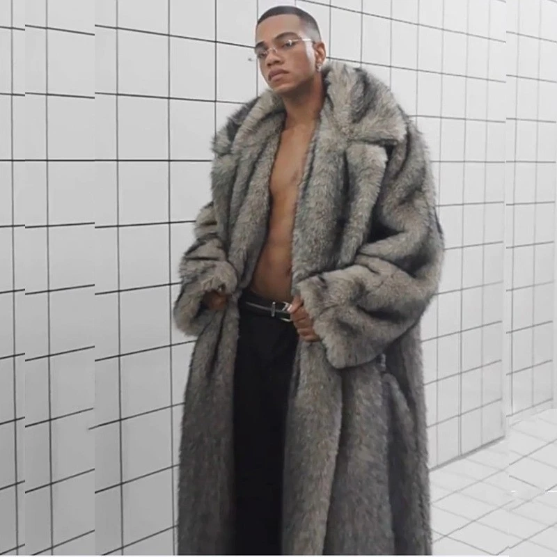 115-120cm Long Coat Mens Faux Fox Fur Lapel Collar Overcoat Winter Warm S-6XL Sz - Image 4 of 4