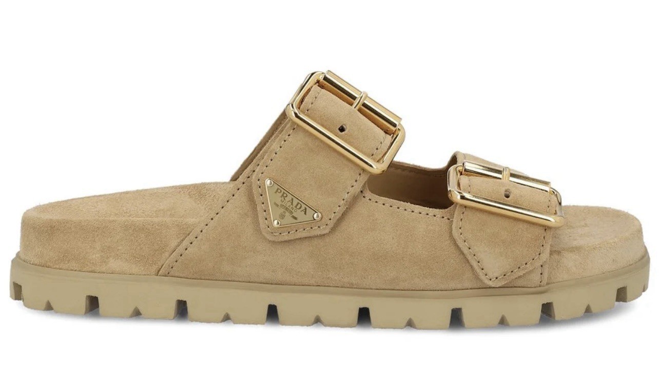 BRAND NEW  Size 38 -PRADA Beige Suede Buckle Slide Sandals Adjustable Strap 