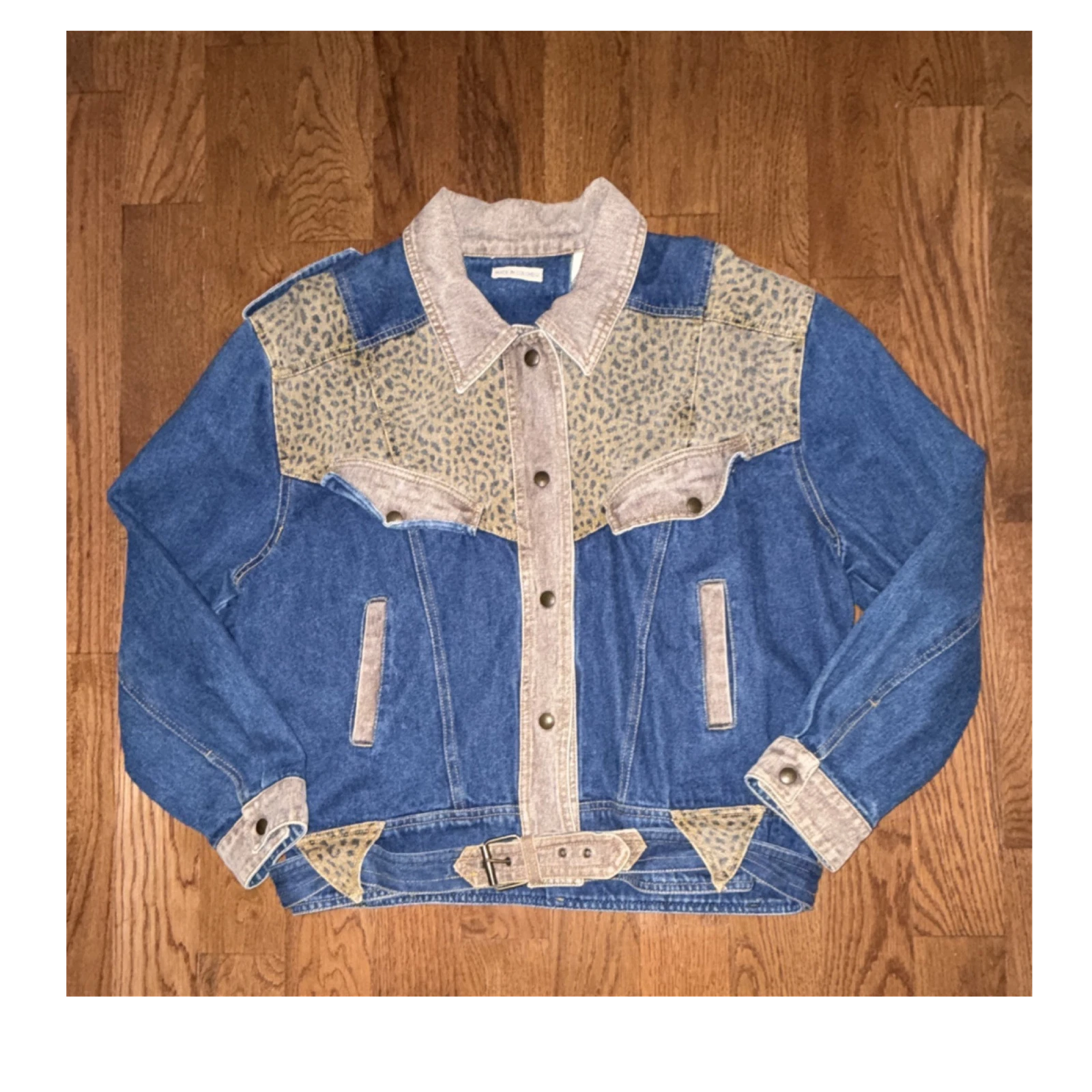Blue Beige Animal Print Jean Jacket Men's Short Button Belt Lined Western