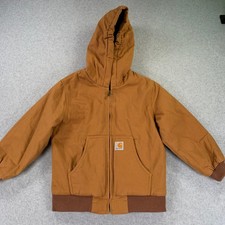 Carhartt Kids Hooded Active Jacket Brown Canvas Quilted Lined Zip Up Size S 7-8
