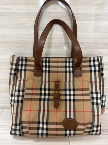 Burberry Nova Check Tote Bag Shadow Horse Woven Beige Brown Vintage Authentic