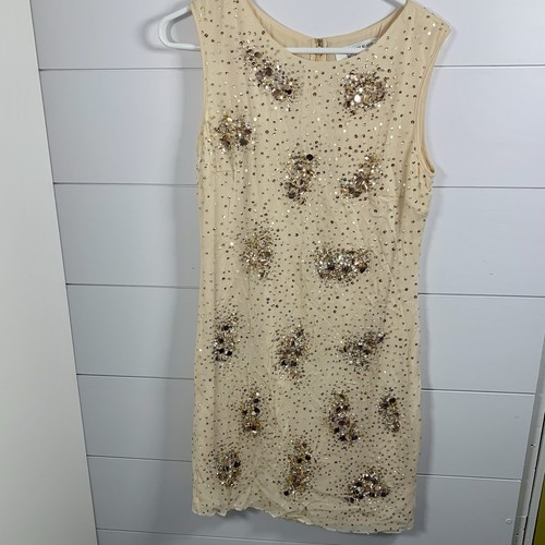 Vestido Vaina Badgley Mischka Colección Crema Lentejuelas 100% Seda $995 Minorista LEER - Imagen 3 de 15