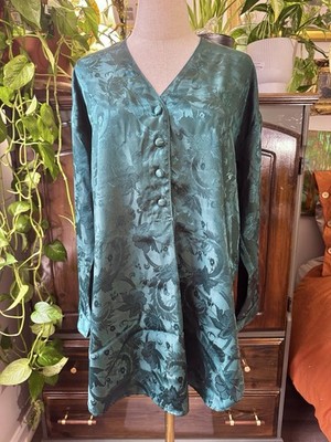 Sz M VINTAGE 90 s Gold Label Victorias Secret Satin Button Up Sleep Shirt Long