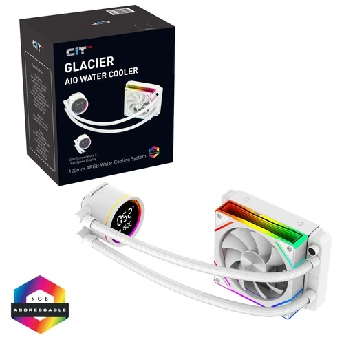 CiT Pro Glacier 120mm Intel AMD AIO Cooler White ARGB Fans Temperature Display
