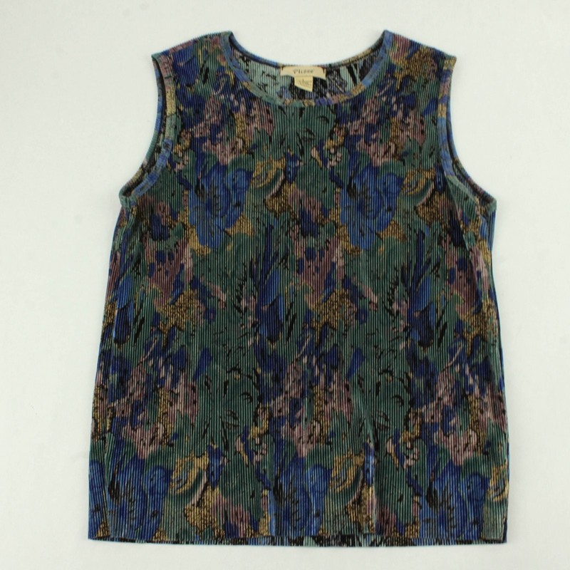 Plisse Multicolor Abstract Floral Ribbed Tank Top Women's Large