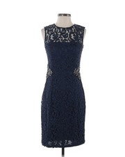 David Meister Elegant Navy Rhinestone Lace Sheath Dress Illusion Neckline Size 4