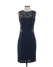 David Meister Elegant Navy Rhinestone Lace Sheath Dress Illusion Neckline Size 4