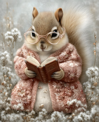 8x10 Squirrel a Pink Sweater and Glasses Reading a Book Art Print - 914258338
