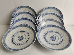 8 PCS Vintage Chinese Porcelain Plate with Blue White DRAGON Rice Grain Pattern 8 PCS Vintage Chinese Porcelain Plate with Blue White DRAGON Rice Grain Pattern